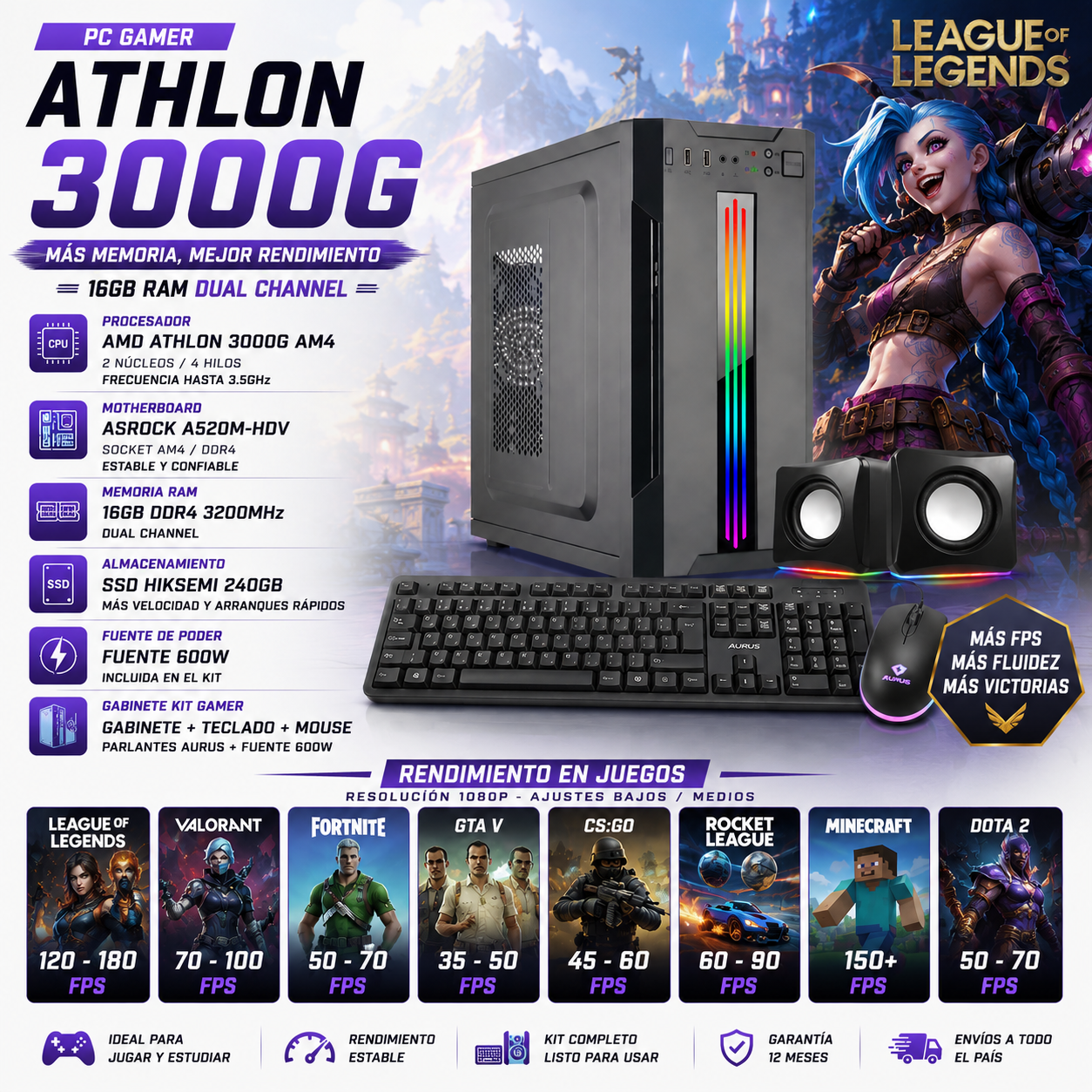 PC AMD 3000G | 16GB | 240GB | 500W | RADEON VEGA 3 | GABINETE KT | WINDOWS 11
