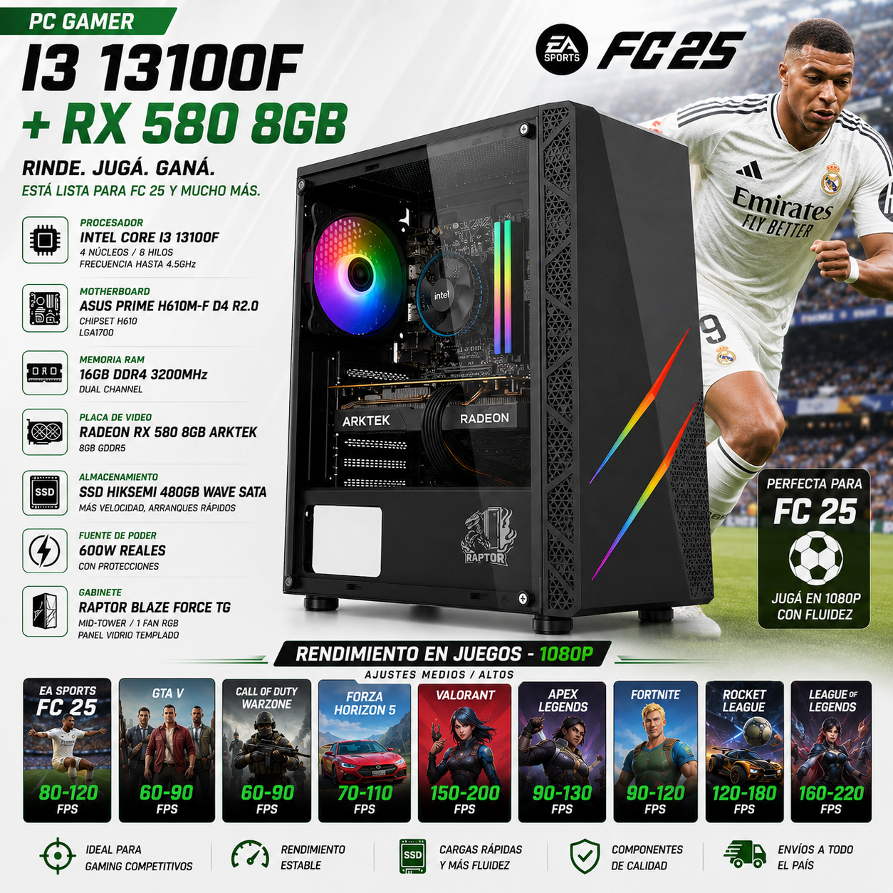 INTEL I3 13100F | 16GB | RX 580 | 480GB | GABINETE GAMER
