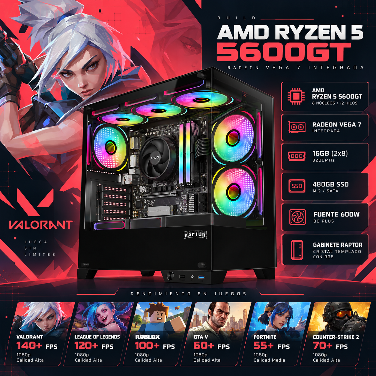 AMD RYZEN 5 5600GT | RADEON VEGA 7 | 16GB DUAL CHANNEL | 480GB SSD | 600W