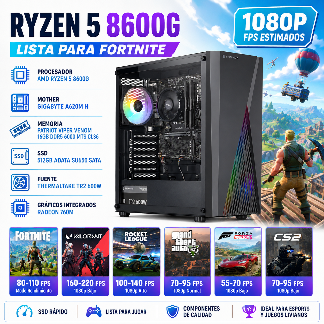 AMD RYZEN 5 8600G | 16GB | 512GB | A620M | RADEON 760M | 600W