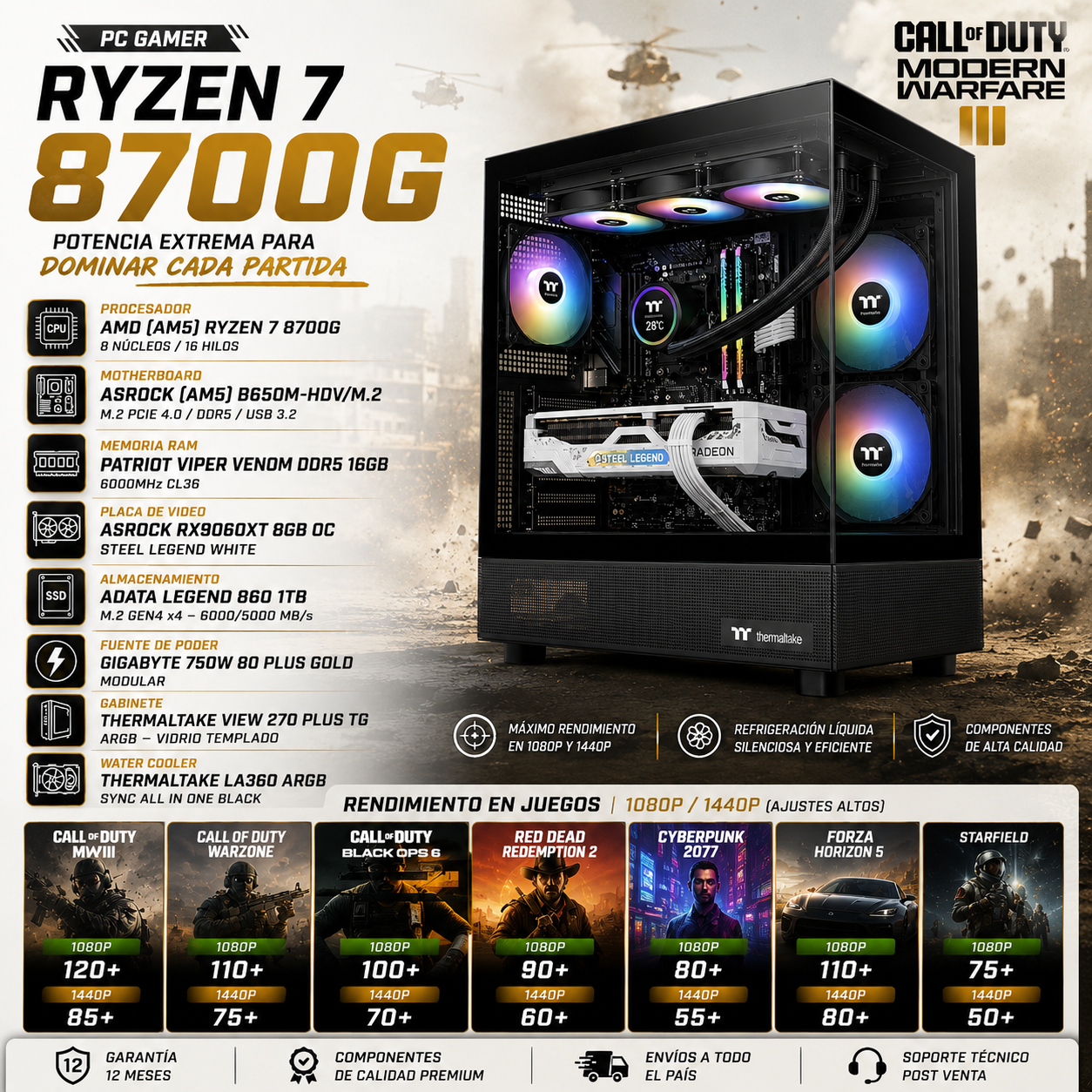 AMD R7 8700G | 16GB DDR5 | RX9060XT | 1TB | 750W | VIEW 270 | WATER COOLER 360