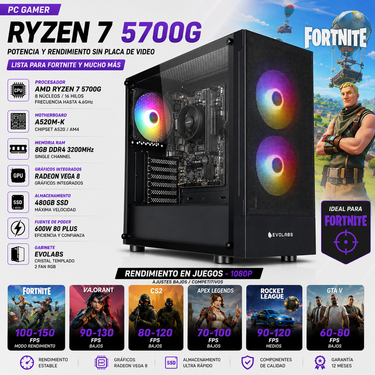 AMD R7 5700G | A520M K | 8 GB | 480 GB | 600W | RADEON VEGA 8 | WINDOWS 11