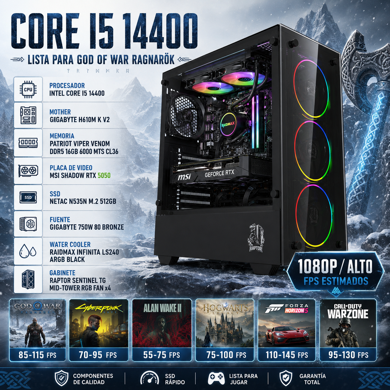 INTEL I5 14400 | 16GB | RTX 5050 | 512GB M.2 | 750W |