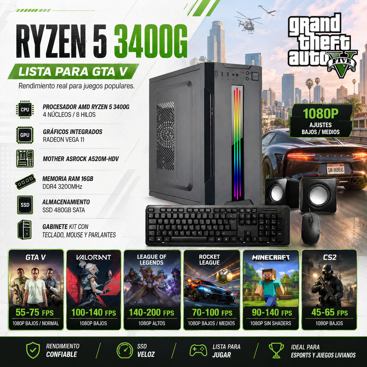 PC AMD R5 3400G | 480 GB | 16 GB DDR4 | KIT | 500W | RADEON VEGA 11 | WINDOWS 11